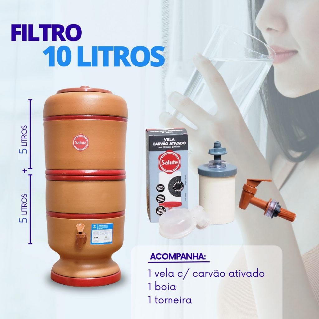 Filtro de Barro Salute 10 Litros C/ Vela Carvão Ativado e boia de brinde