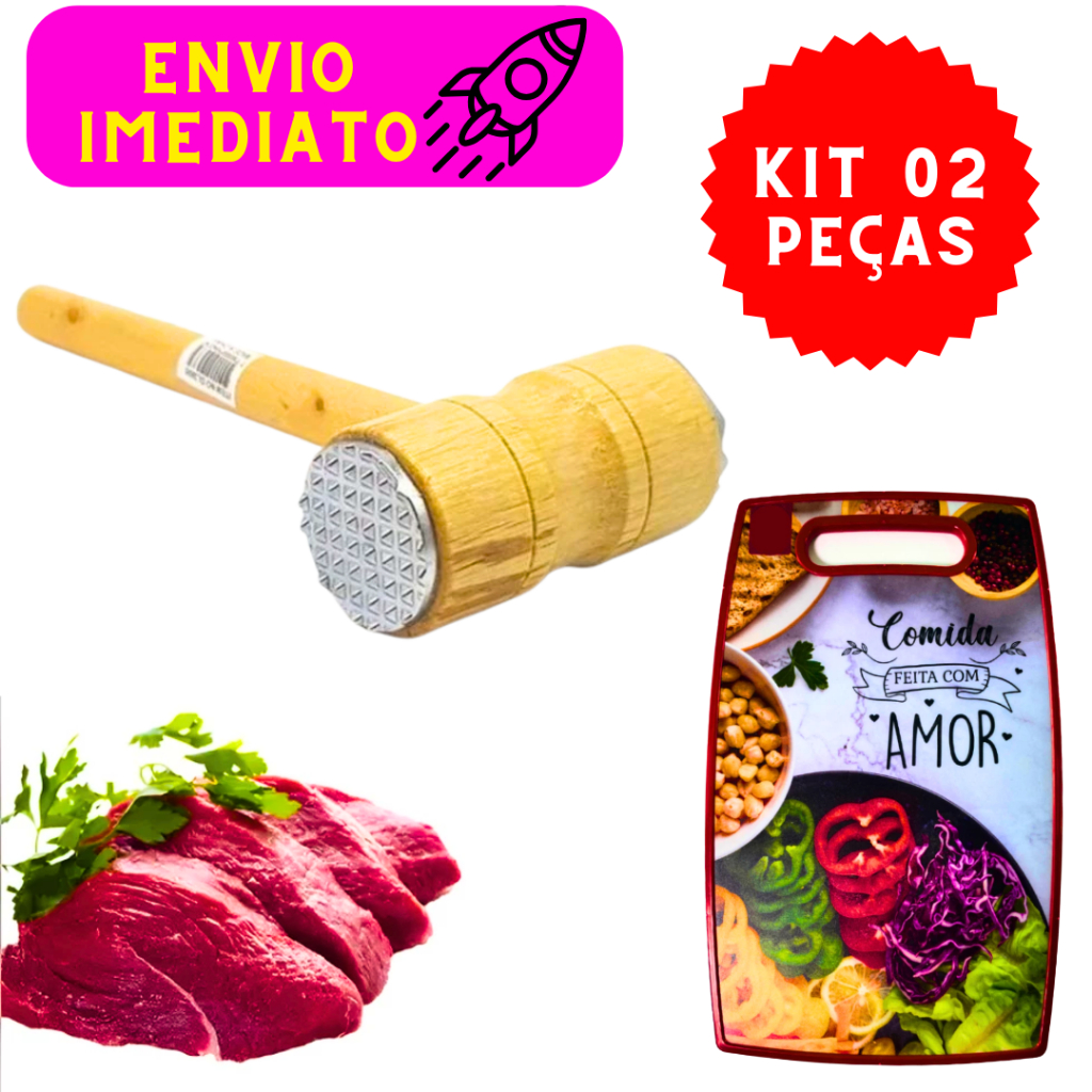 Kit 02 Peças Martelo Maciço Amaciador de Carne e Tábua de Cortar Itens de Cozinha Práticos Eficiente