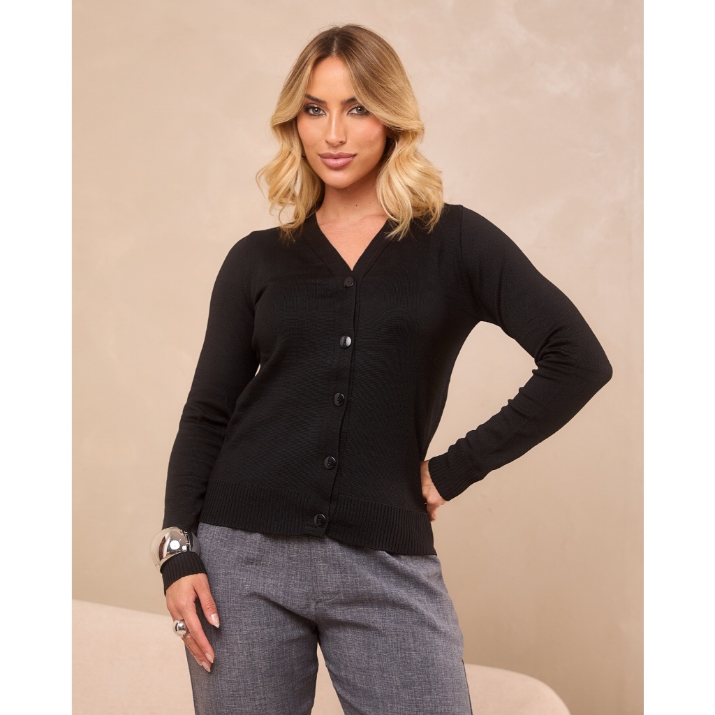 Casaco De Frio Cardigan Básico De Elastano Tricot Botões Casaquinho Inverno