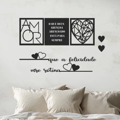 Kit 3 quadros Cabeceira Amor Deus + Frase que a felicidade vire rotina Mdf Decorativo