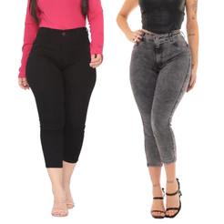 Calça Capri Curta Preta/Chumbo/Cinza/Marmorizada Feminina Jeans com Lycra Elastano Cintura Alta