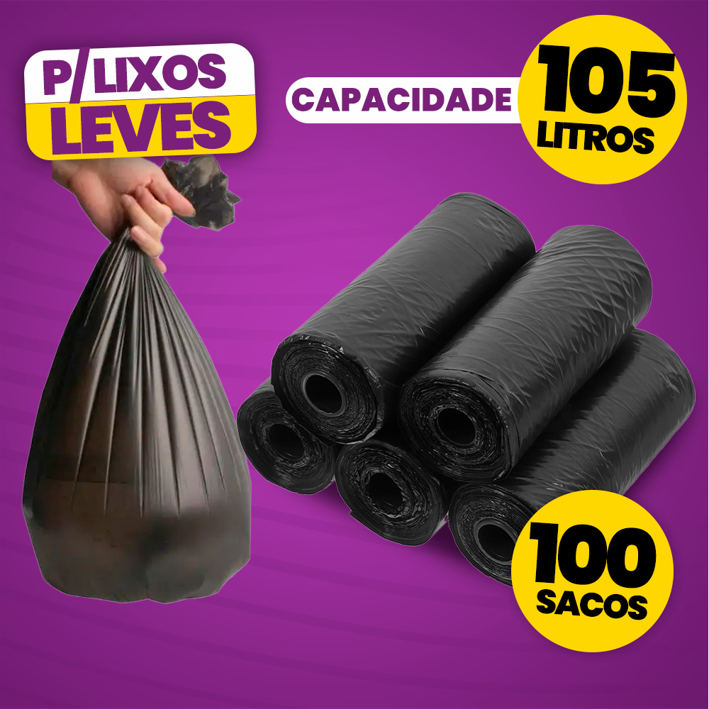 Saco Para Lixo Leve Preto Vários Tamanhos 20L 40L 60L 105L Pacote 100 Unidades Ótimo Custo Benefício