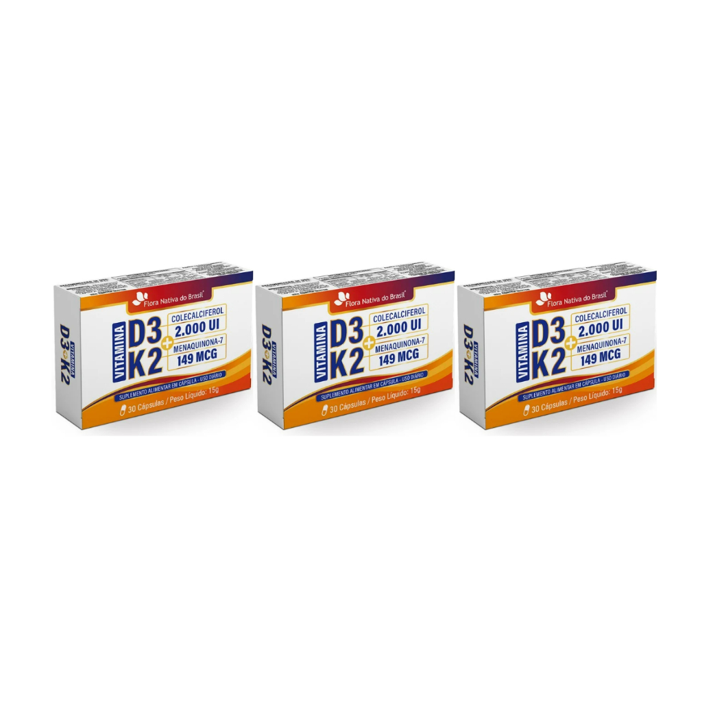 Kit 3x Vitamina D3 + K2 2000ui (30 cápsulas) - Flora Nativa do Brasil