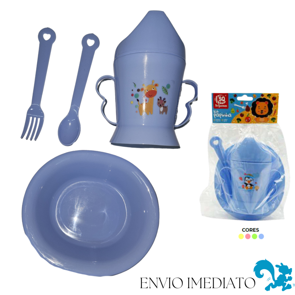Kit Papinha Bebê 4 Peças Copinho Potinho Garfo e Colher Introdução Alimentar Sortido