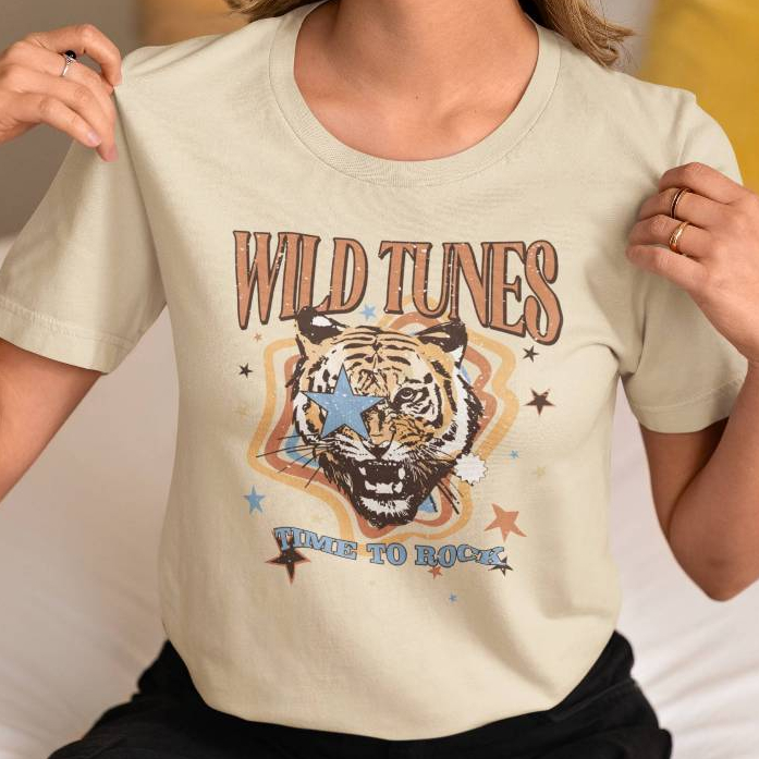T-Shirt Feminina 100% Algodão Camiseta Casual Elegante Estampada Boho com desenho de Onça estilizada