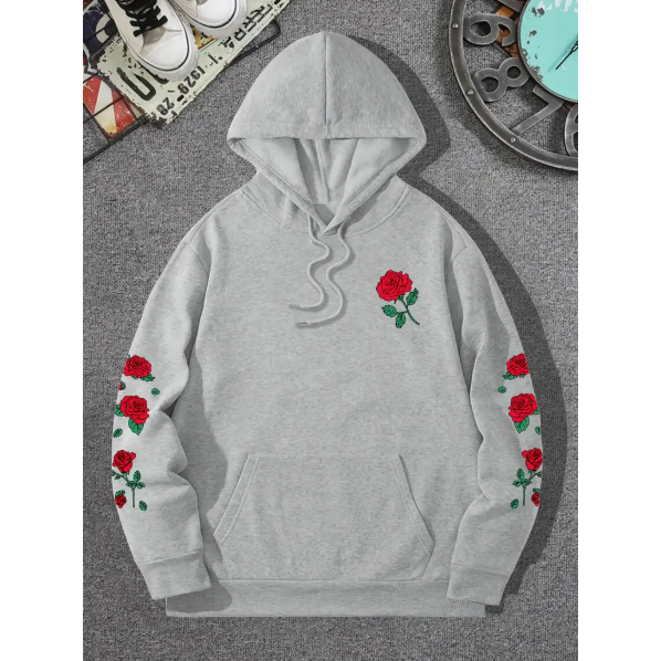 Moletom Canguru Rosa Flores Vermelha Minimalista Casual Algodão Tendencia