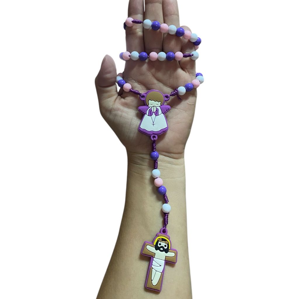 Terço Católico infantil 40 cm roxo emborrachado do anjo da guarda