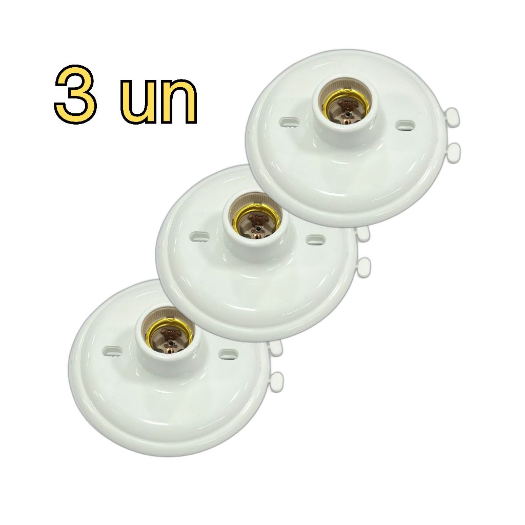 3 Plafon redondo branco bocal porcelana e-27 - kit com 3 unidades de plafon branco de PVC com soquete de porcelana.
