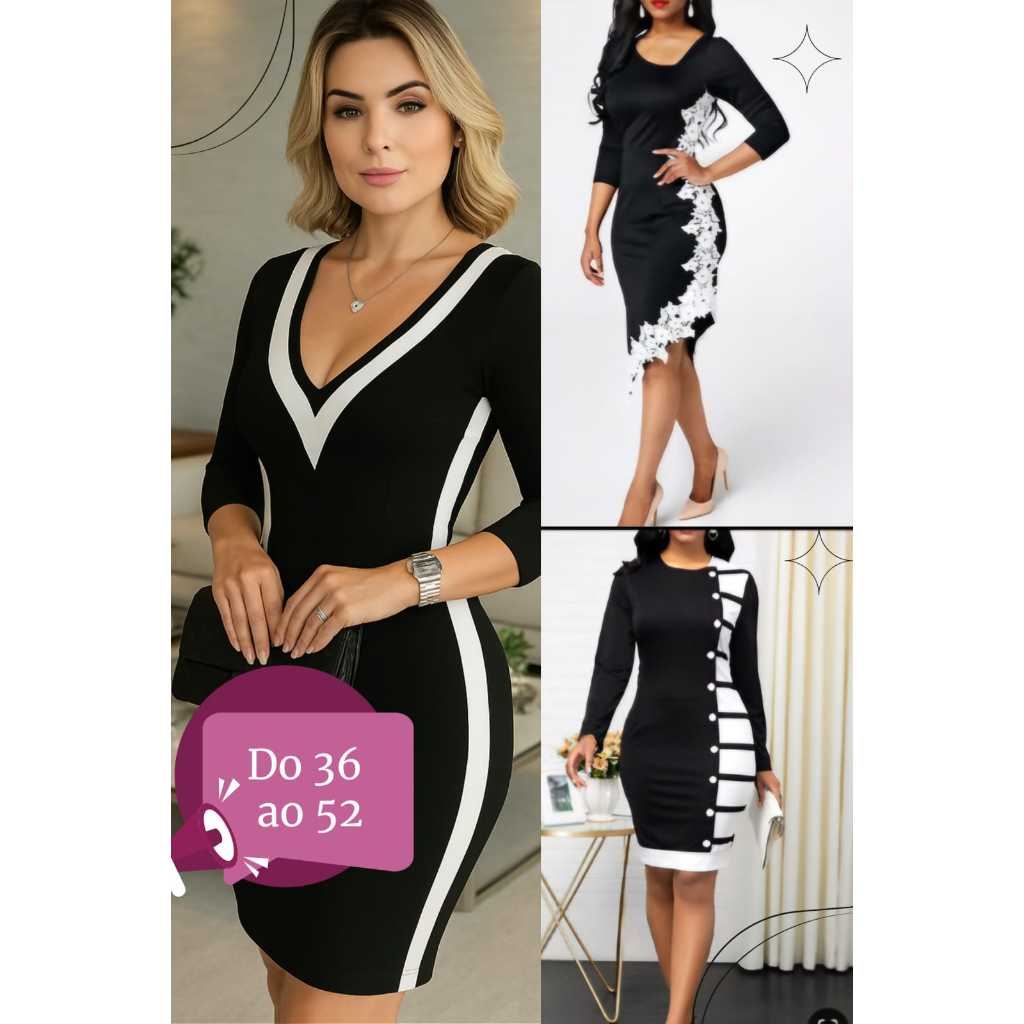 Vestido Tubinho Preto Moda Evangélica Luxo Moderna Plus Size mais vendidos Manga Longa ou 3/4 renda