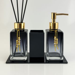 Kit Lavabo Luxo Sabonete Líquido C/ Porta Escovas e Aromatizante De Ambiente C/Bandeja