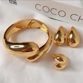 😍 Conjunto Gota Pingo Bracelete Anel Brinco Médio Dourado ou Prata