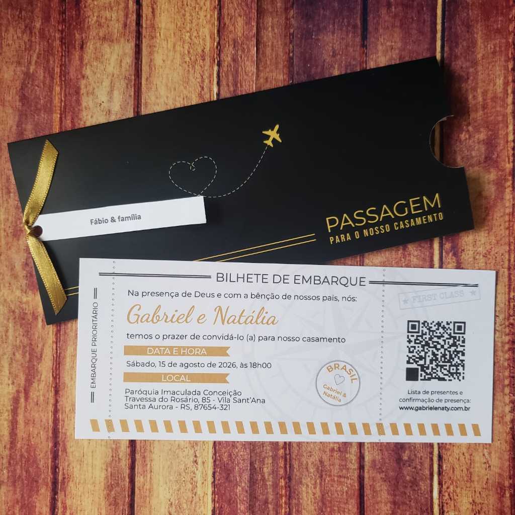 Convites de Casamento Modelo Passagem Aérea | Envelope Preto ou Azul Marinho