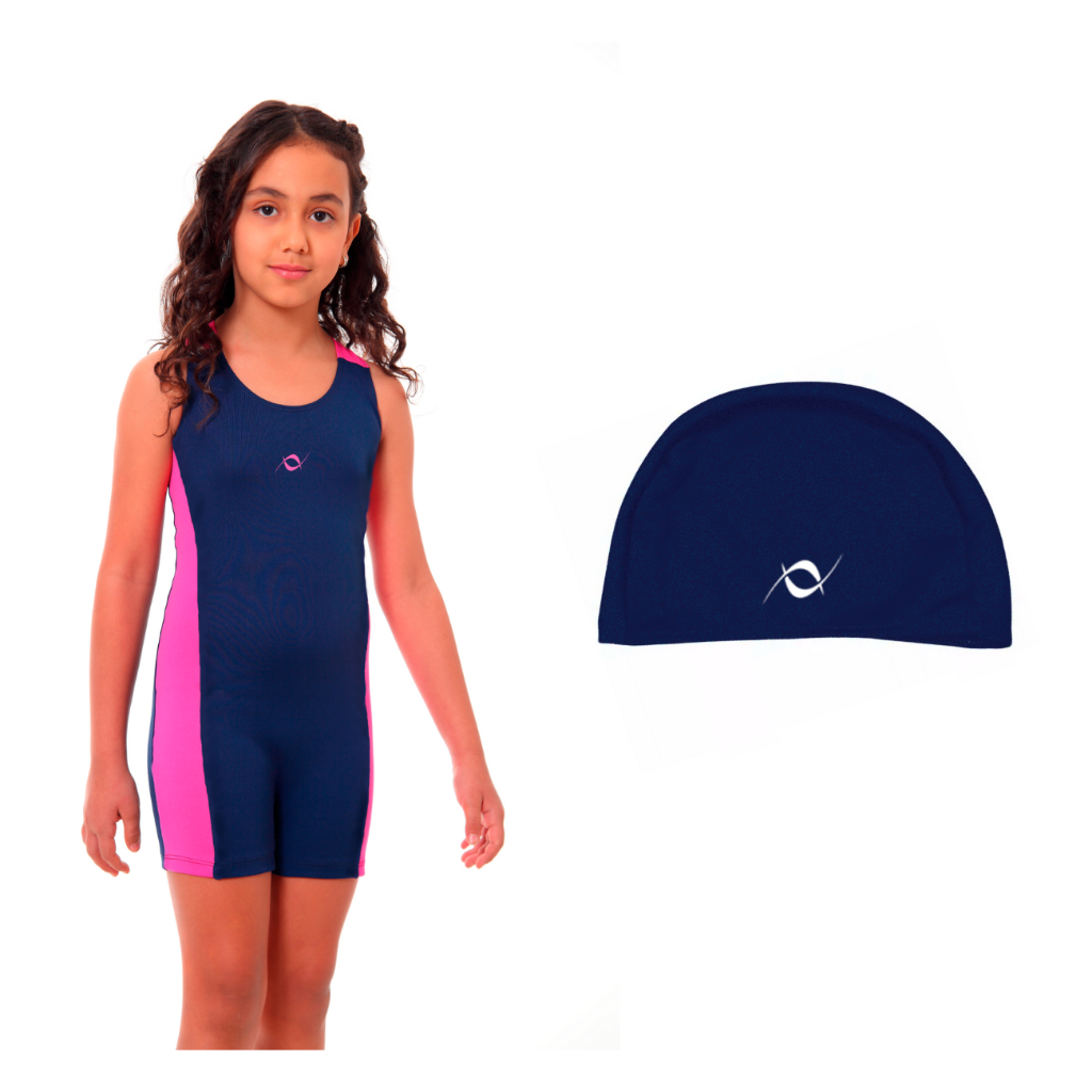 Kit Maiô Perninha Infantil Juvenil Proteção Touca de Tecido Infantil