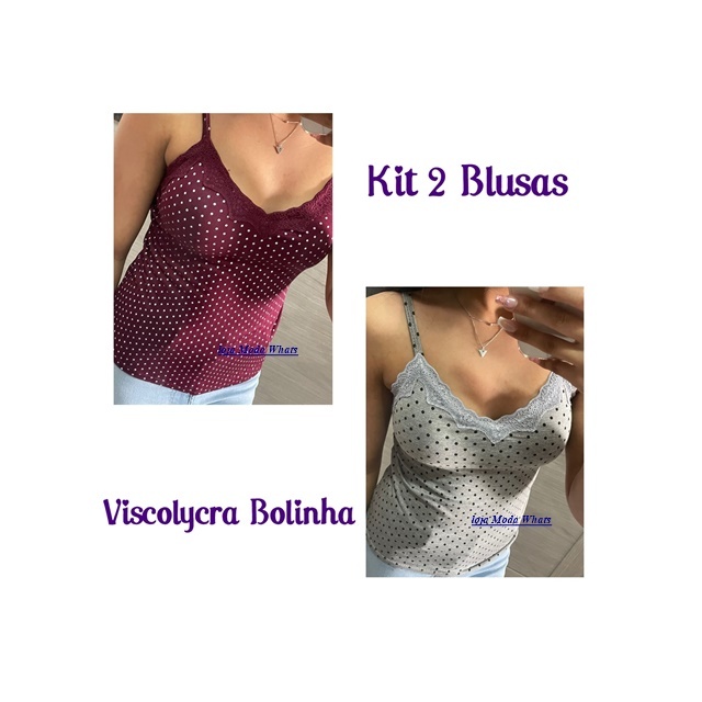 Kit 2 Blusinha Estampa Bolinha Viscolaycra Com Renda e Alcinha Regulavel .