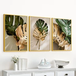 Kit 3 Quadros Decorativos Com Moldura Folhagem Verde e Dourado Para Sala Quarto Moderno