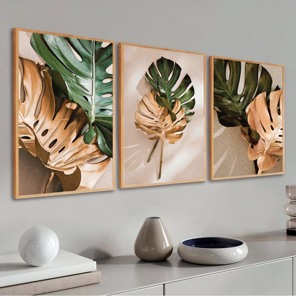Kit 3 Quadros Decorativos Com Vidro Moldura Premium 50x70 Folhagem Verde e Dourado Para Sala Quarto Escritório