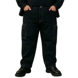 Calça Cargo Plus Size Masculina Preta Sarja com Linha Branca