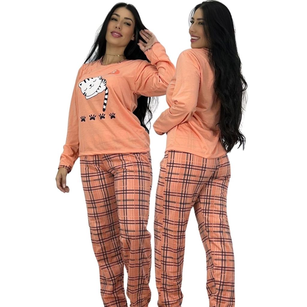 Pijama Gatinha Adulto Feminino / Manga Comprida / Pijama de Inverno / Pijama Longo em Oferta na Shopee