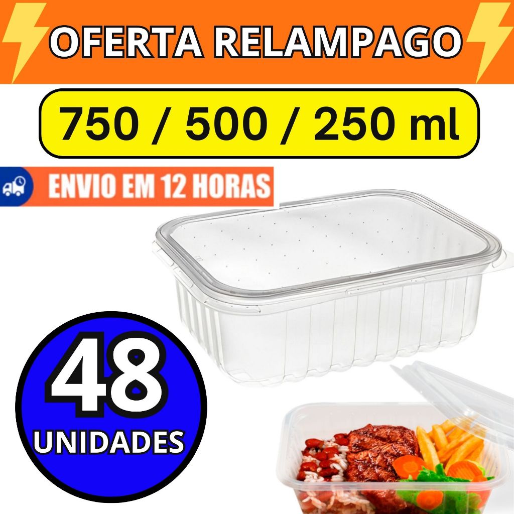 Imagem Pote retangular 500 e 750 ml Microondas Freezer Marmita Fitness Embalagem Alimento Quente ou Frio