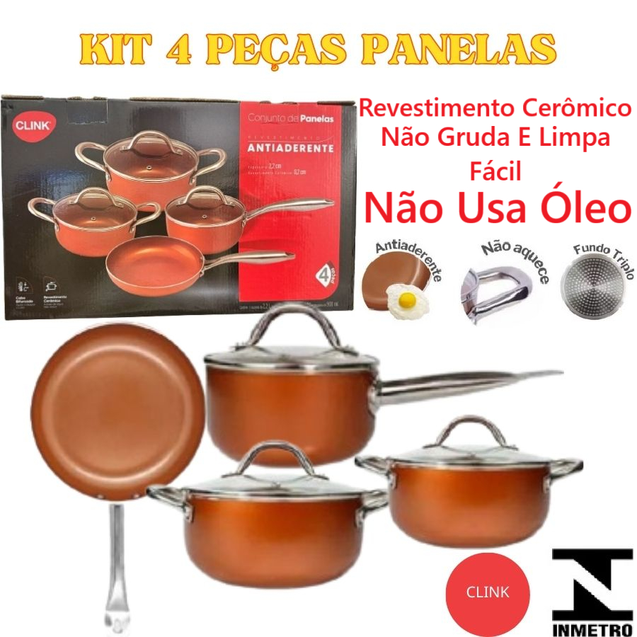 Conjunto De 4Uns Panelas Com Tampa Revestimento Cerâmica Antiaderente Limpa Fácil E Não Usa Óleo