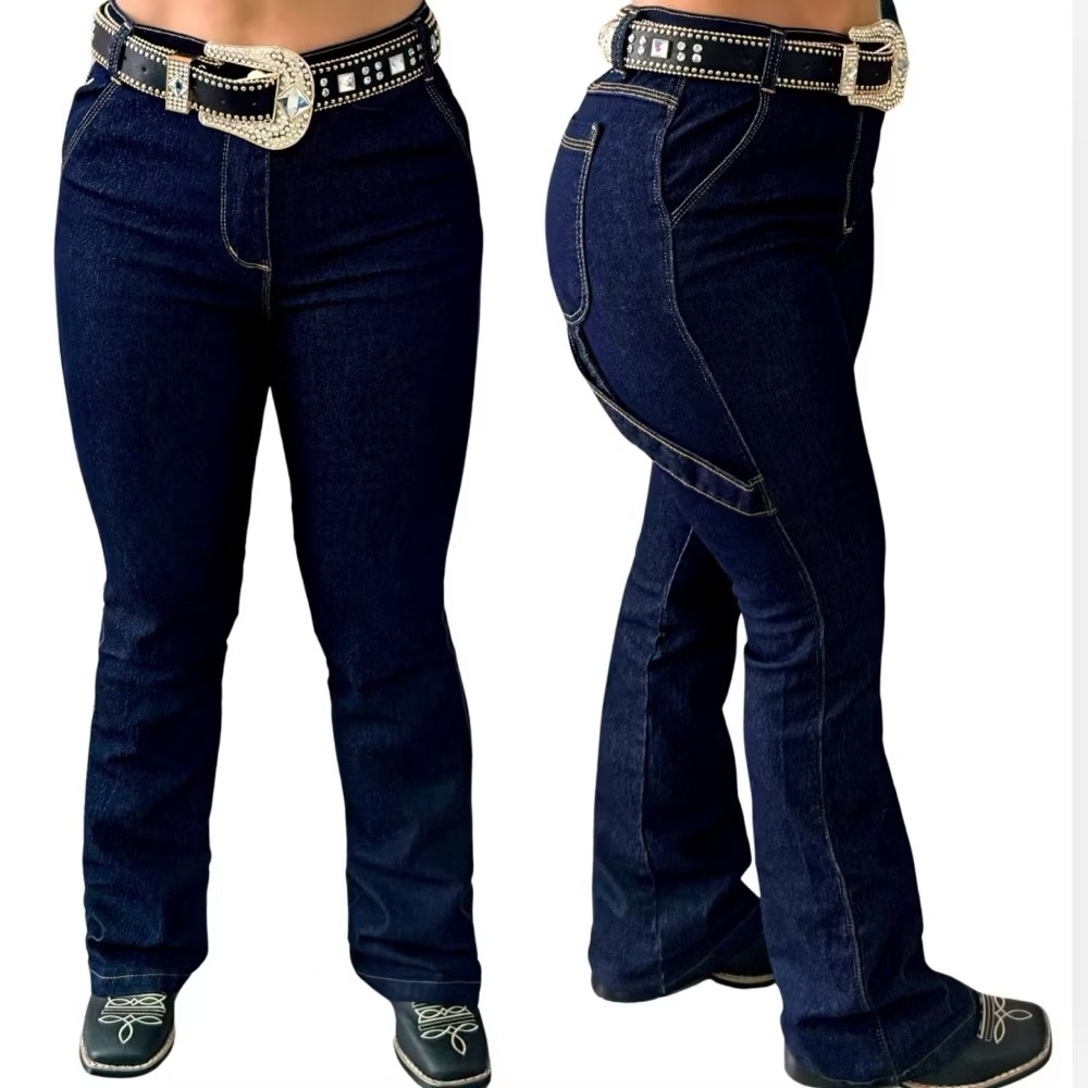 Calça Country Carpinteira Jeans Feminina Linha Premium Escura Lisa Cintura Alta Rodeio Cavalgada