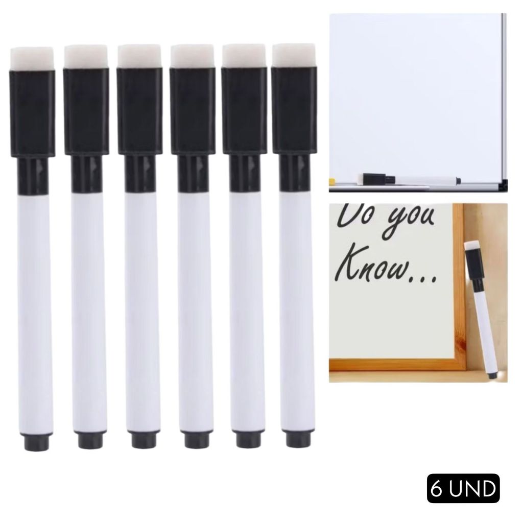 Kit 6 Canetas Para Quadro Branco Com Apagador - Caneta Pra Lousa - Tampa Preta em Oferta na Shopee