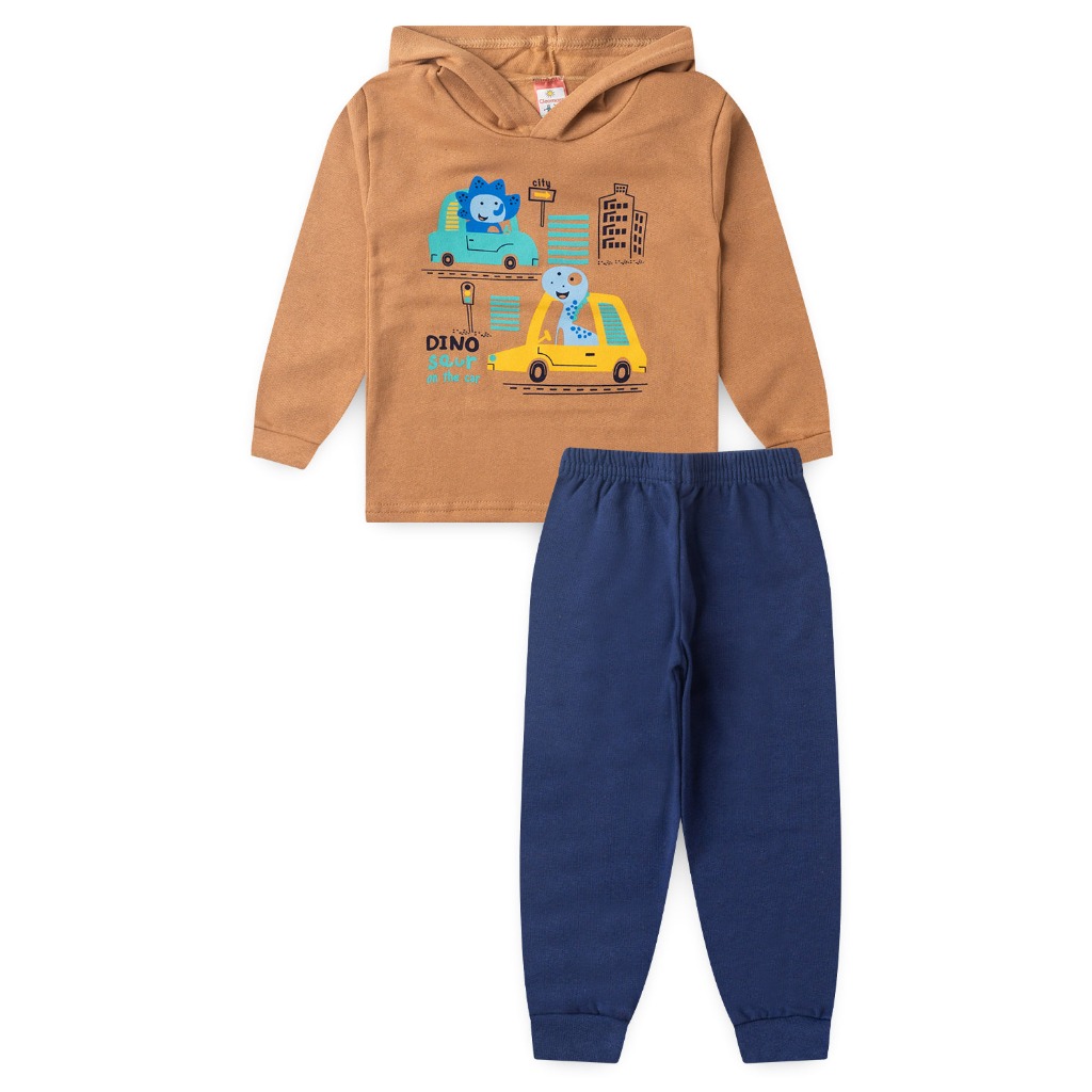 Conjunto Bebê Moletom Blusa com Capuz Estampada e Calça Lisa (1/2/3)