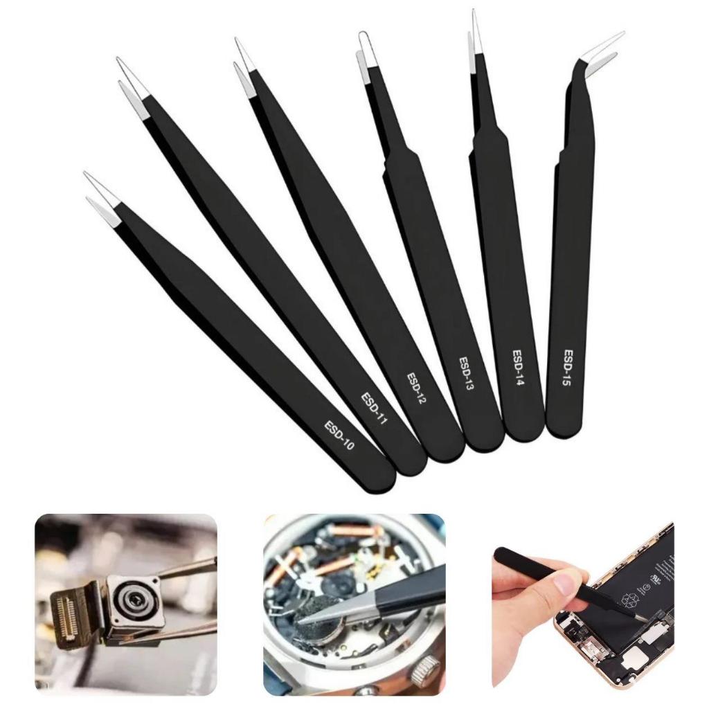 Kit C/ 6 Pinças de Alta Precisão Profissional Artesanato Reparo Estética Antiestática Curva Ferramenta Aço Inoxidável
