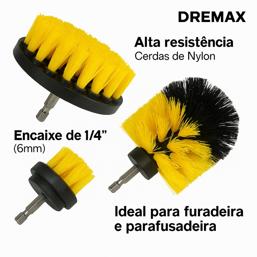 Kit 3 Escovas Rotativas de Nylon Limpeza Automotiva Rodas Pesada para Furadeira e Parafusadeira Dremax