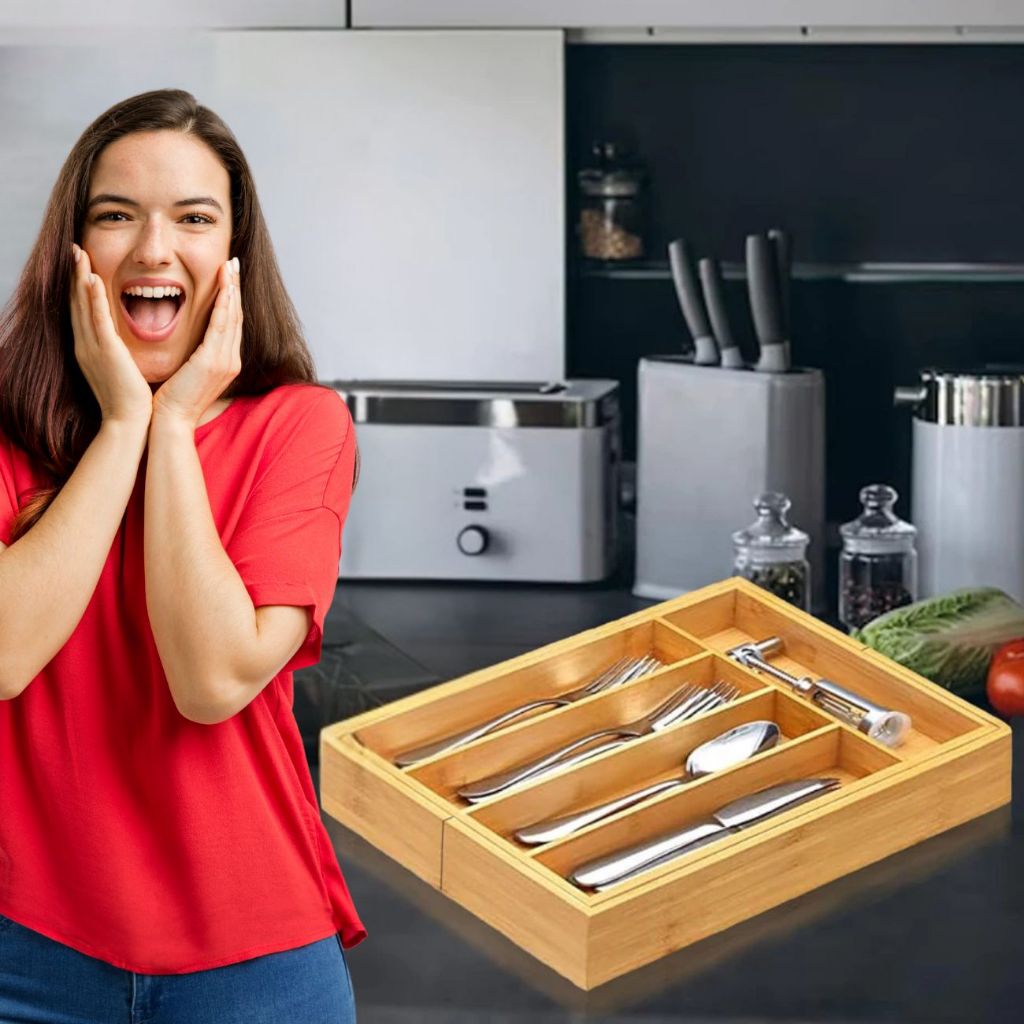 Porta Talheres Bambu Organizador Separador 7 Divisórias Extensivel Gaveta Grande Divisor M...