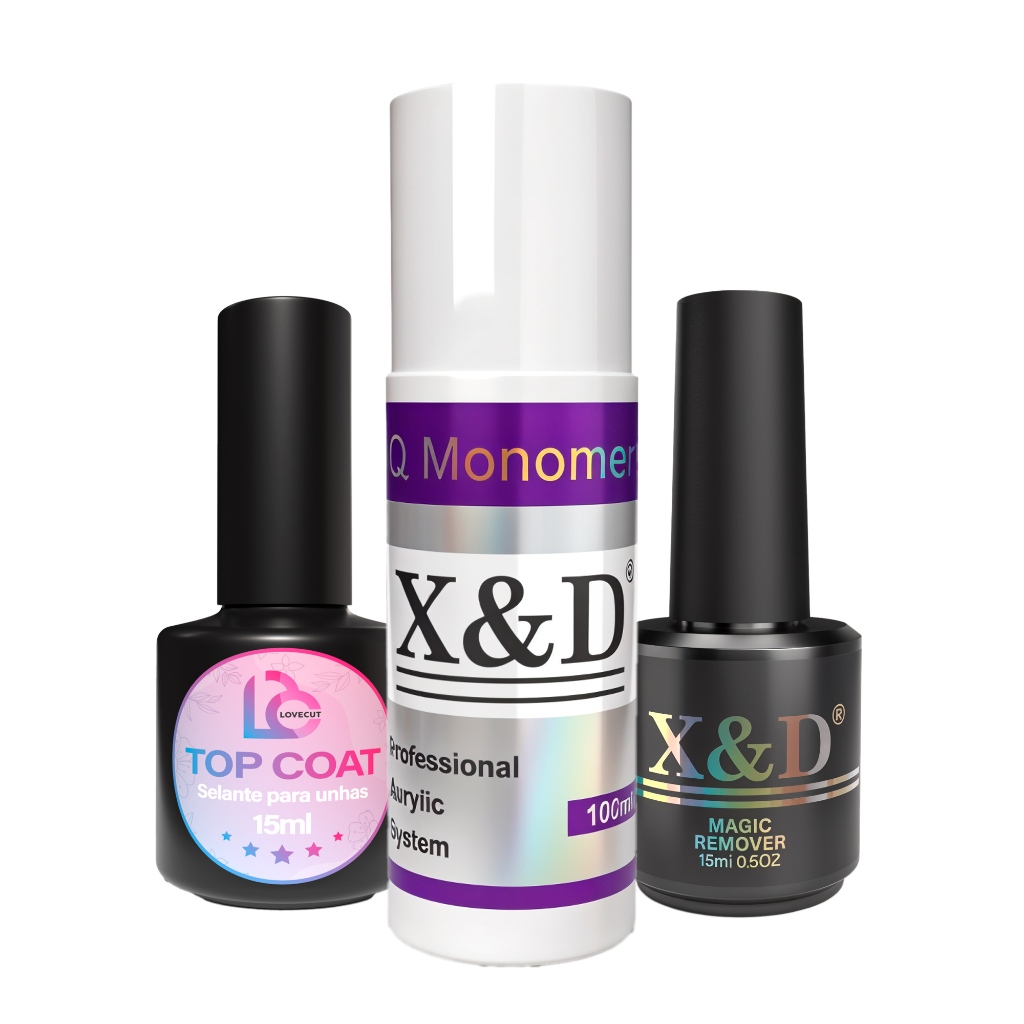 Kit 03 Itens Unhas De Gel Monomer Líquido Removedor X&D Top Coat Lovecut Magic Remover