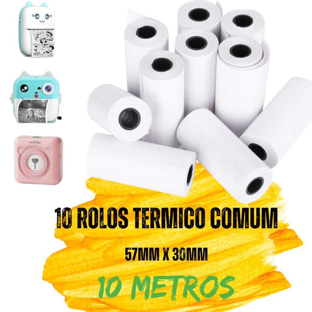 KIT 10 ROLO BOBINA TERMICA COMUM BRANCO NÃO ADESIVA 57X30MM MINI IMPRESSORA PORTATIL GATINHO