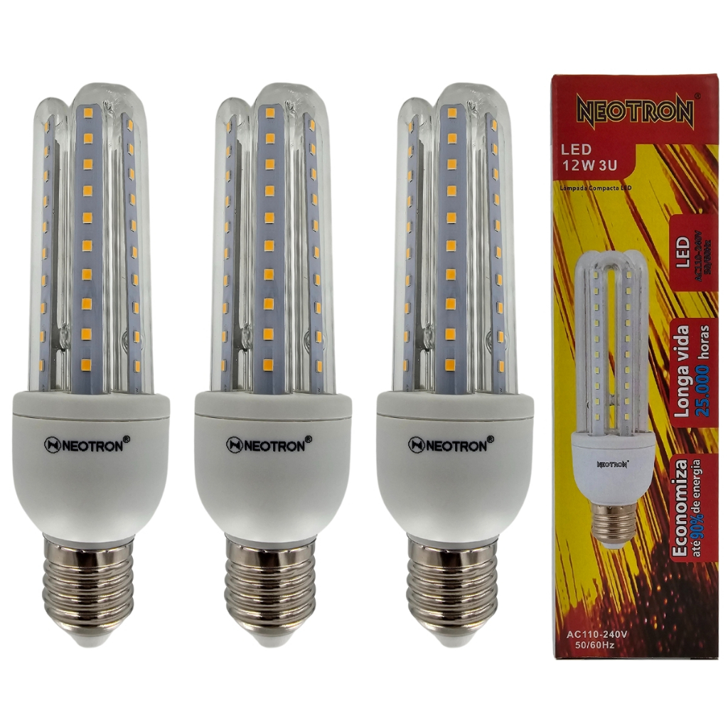 KIT 3 Lâmpadas Led Compacta 12W 3000K Luz Amarela Branca Quente Bivolt 110/220V 3U Casa Espiga Milho em Oferta na Shopee