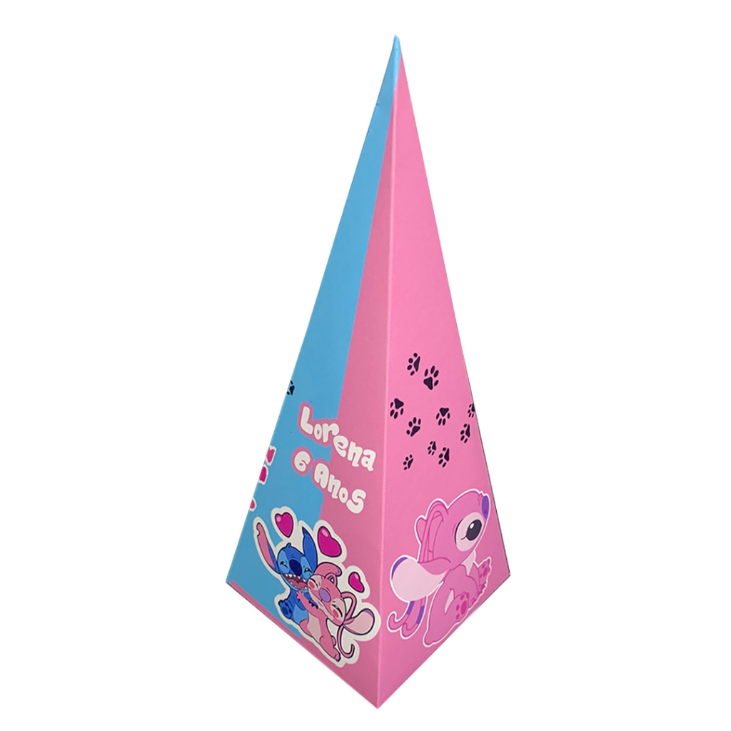 Caixinhas Cone/Pirâmide Stitch e Namorada Personalizadas Com Nome Para Aniversários Doces e Balas
