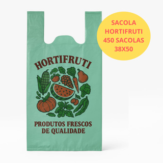 SACOLA HORTIFRUTI FEIRA 38X50 VERDE 450 UNIDADES - VIRGEM COM DESENHO E ESCRITA em Oferta na Shopee