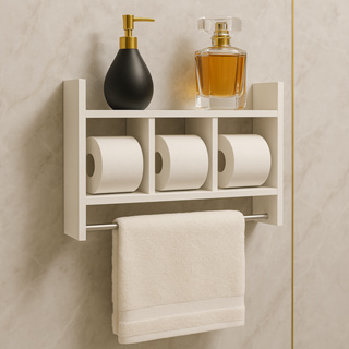 Nicho Porta Toalha e Papel 100% MDF BRANCO TX 15mm Tubo Metal Montado em Oferta na Shopee