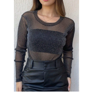 Body Tule Lurex  feminino Transparência preto com brilho Transparente Manga longa em Oferta na Shopee