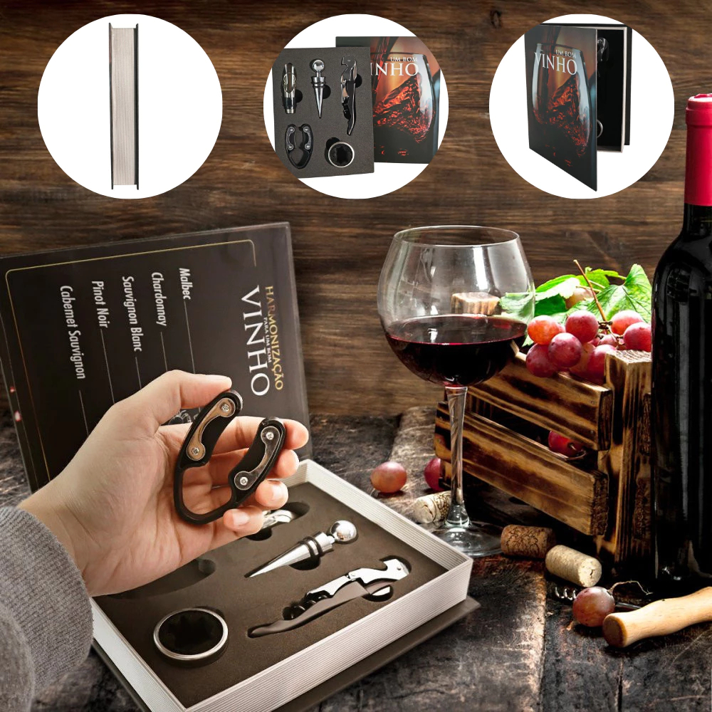 Kit Vinho Livro Com Saca Rolhas Dosador Tampa