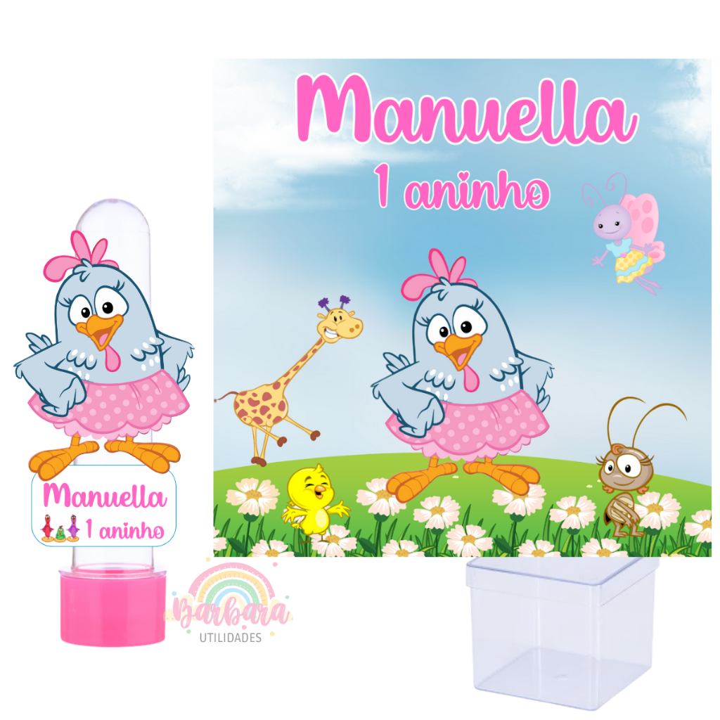 Kit Festa 20 Tubetes 3D + 15 Caixinhas Personalizadas Lembrancinha Galinha Pintadinha Rosa
