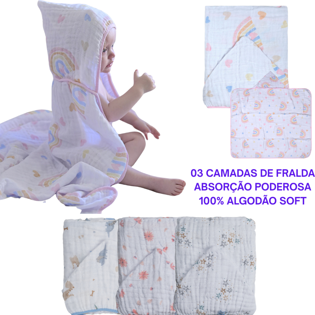 Toalha de Banho Fralda Soft Bebe Com Capuz no Centro 80cm x 1,10m