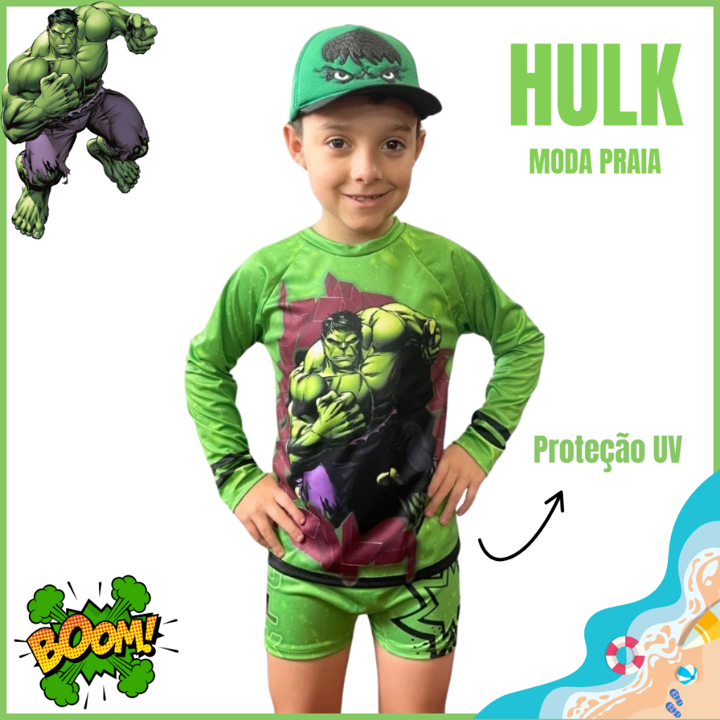 Roupa Moda De Praia Infantil Do Hulk Com Sunga, Boné e Camisa Com Proteção UV Solar