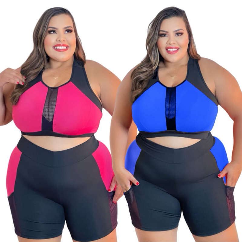 kit 2 conjuntos fitness Plus Size G ao Exgg Roupa Academia Top e Short Feminino Curves