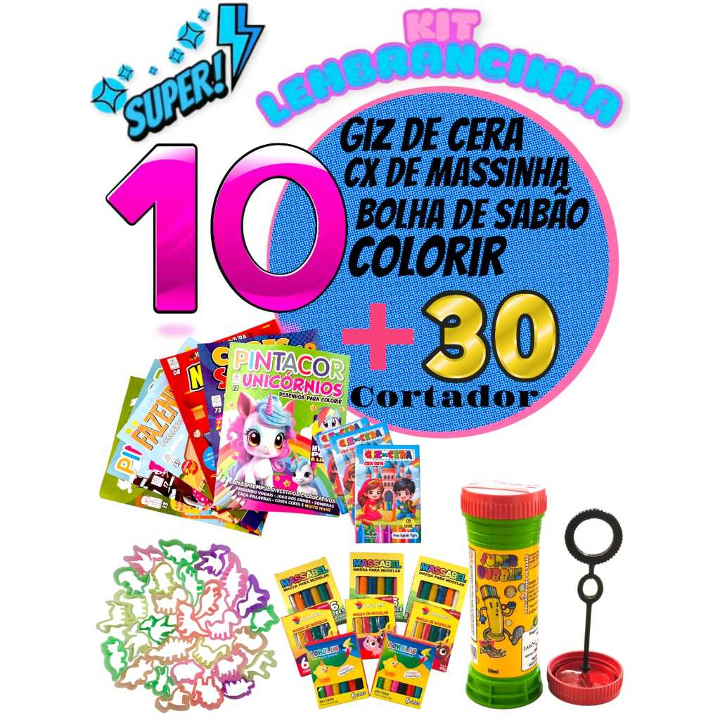 Kit 10 Cx Massinha Modelar + 10 Sabão + 10 Mini Giz + 10 Colorir + 30 Cortador Lembracinha Infantil em Oferta na Shopee