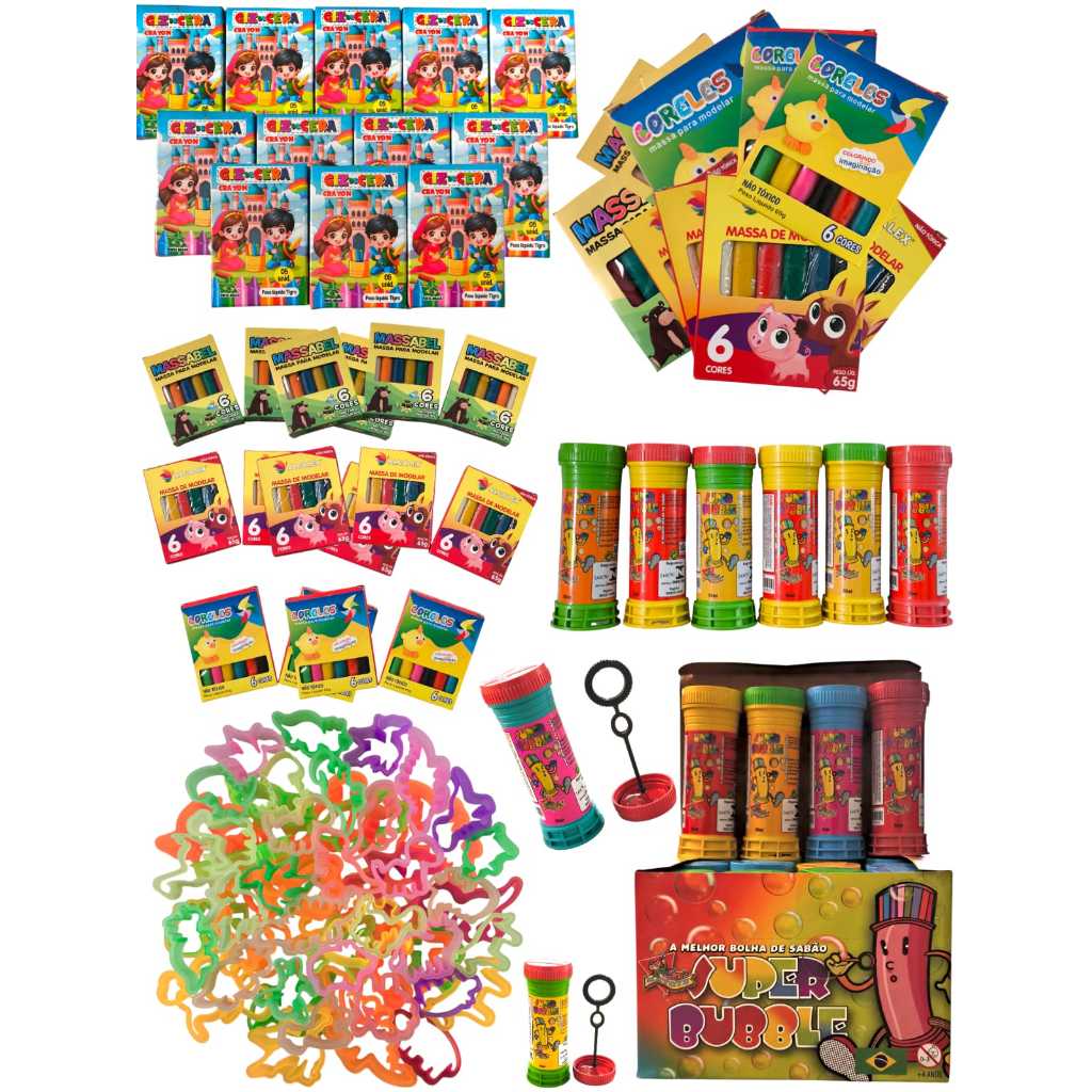 10 Caixas Massinha Modelar + 10 Bolha Sabão + 10 Giz De Cera + 20 Cortador P/ Kit Festa Lembrancinha em Oferta na Shopee