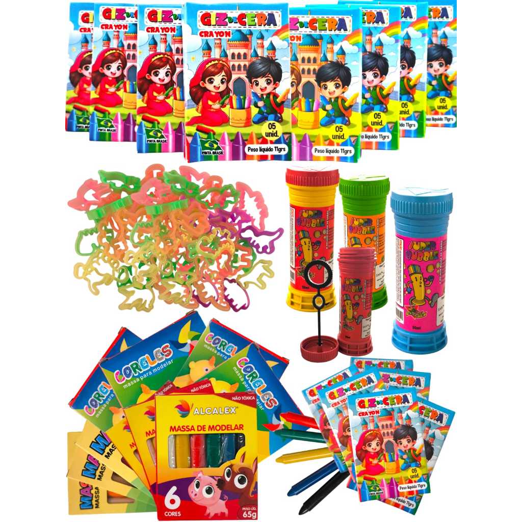 15 Caixas Massinha de Modelar + 15 Bolha Sabão + 15 Giz De Cera + 15 Cortadores Festa Criança Prenda em Oferta na Shopee