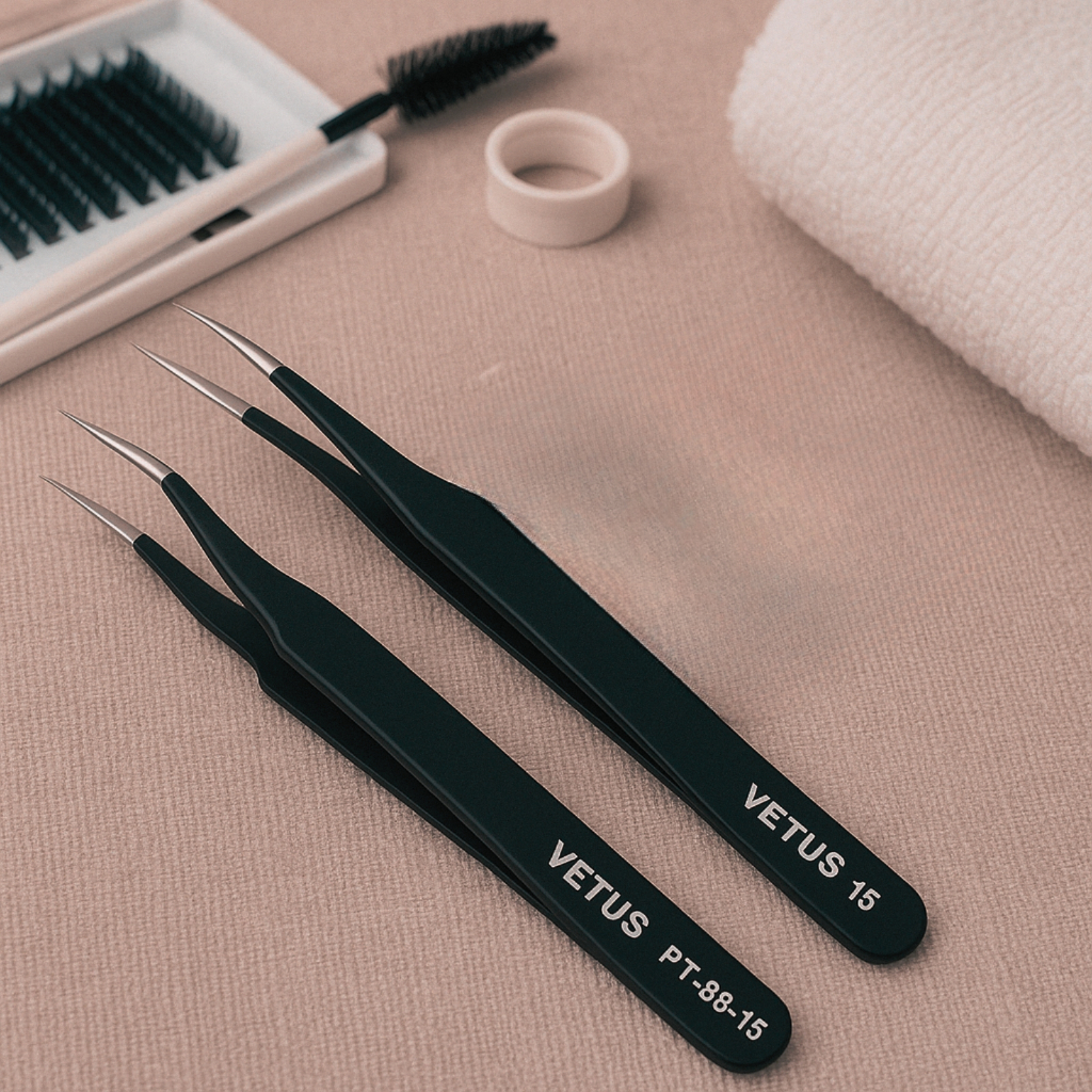 Kit Pinças Reta e Curvada Para Alongamento e Extenção De Cilios Fio A Fio Preta E rosa