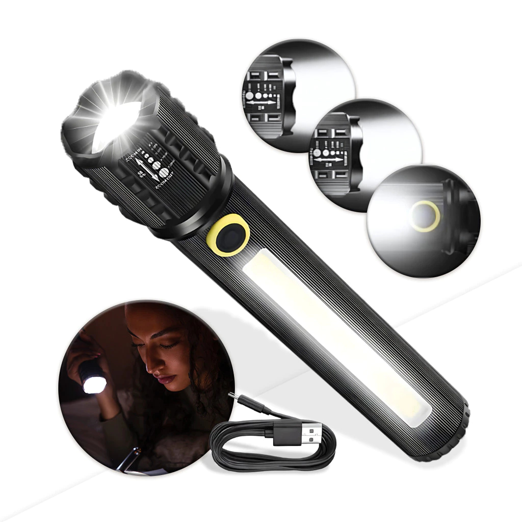 Lanterna Tática Super Led Ultra Forte Zoom Recarregável USB Prova d´Água 6 Modos Luz De Emergência