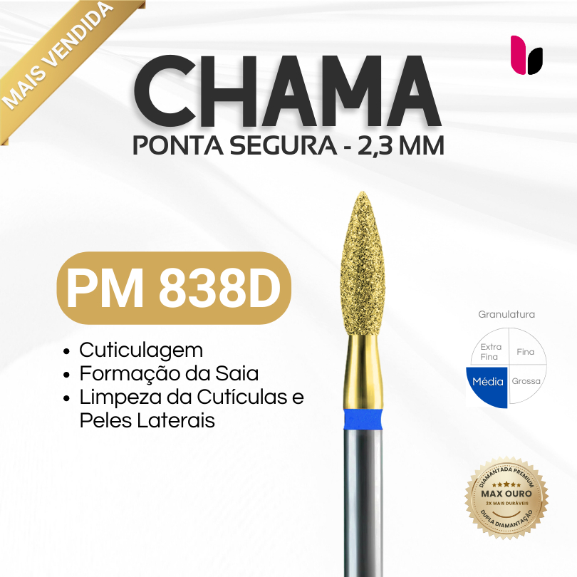 838D - Broca Diamantada - Max Ouro - Chama - Para Manicura Russa - 2,3mm em Oferta na Shopee