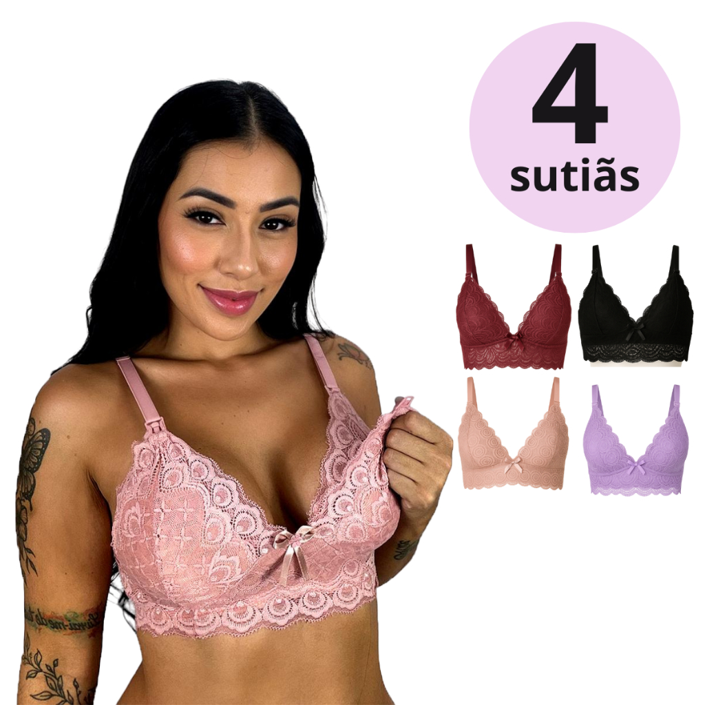 Kit 4 Sutiã de Amamentação Sem Bojo em Renda Gestante Maternidade e Pós Parto