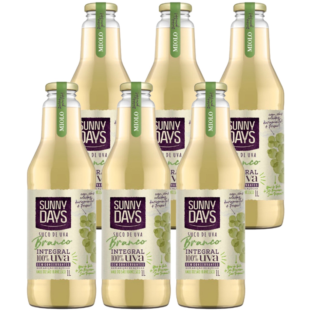 Kit 6 un Suco de Uva 100% Integral Branco Sunny Days 300ml - Food & Beverages